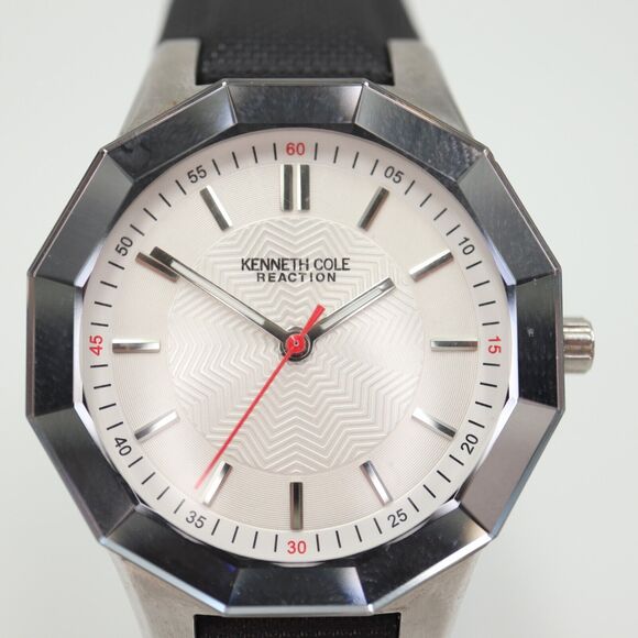 Kenneth Cole Reaction Watch 34mm Dodecagon Silver Tone Black Leather KC2471 - Picture 5 of 16